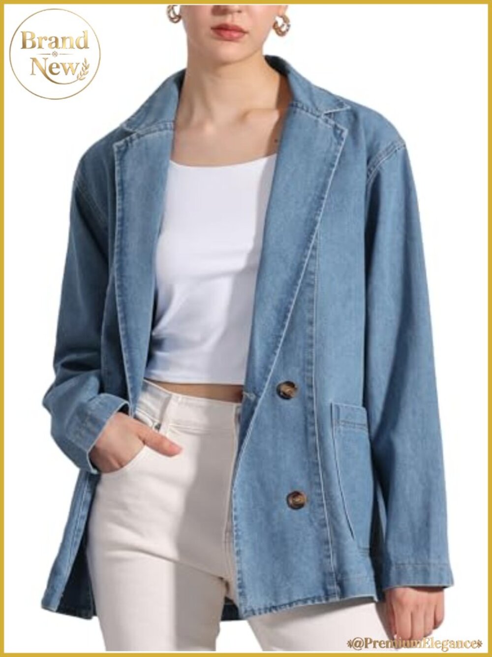 Women's Oversized Denim Jacket Long Sleeve Button Down Casual Office Work